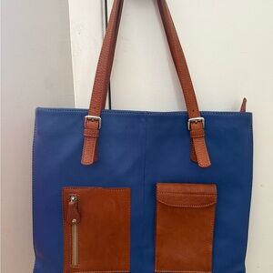 La Curtiembre Tote Bag, blue/brown with zipper pockets